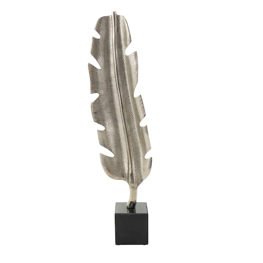 28" Silver Aluminum Bird Feather Sculpture with Black Marble Base